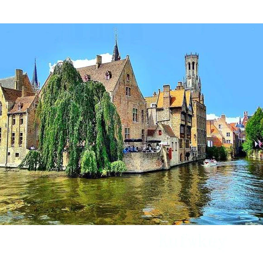 Полный Круглый дрель крестиком озеро город дерево красивый домашний декор с