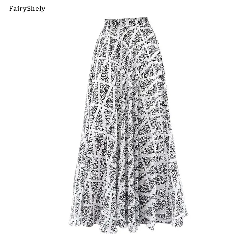 

FairyShely 2021 Spring Summer Chiffon Print Long Skirt Women Elastic Band High Waist Skirt Office Casual Zipper A-line Skirt
