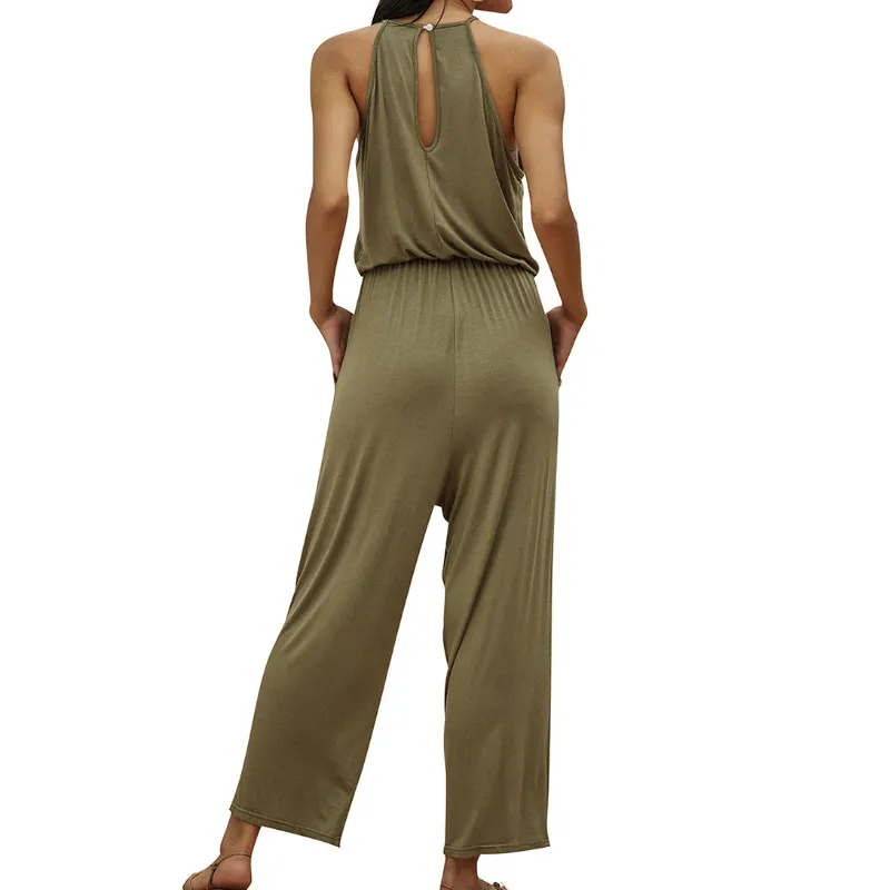 

Women Casual Halter Jumpsuits Hollow Out Loose Sexy Solid Color Elastic Waist Wide Leg Playsuits Outfits