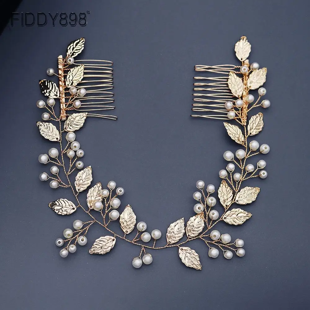 

Gold Bridal Headband With Combs Metal Leaves Pearls Hand-made Wedding Hair Accessories 2020 New Design HS-J6085