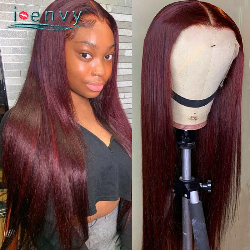 

13X4 Colored Burgundy Lace Frontal Wig Peruvian Straight Human Hair Wigs For Women Preplucked 99J Red Transparent Lace Front Wig