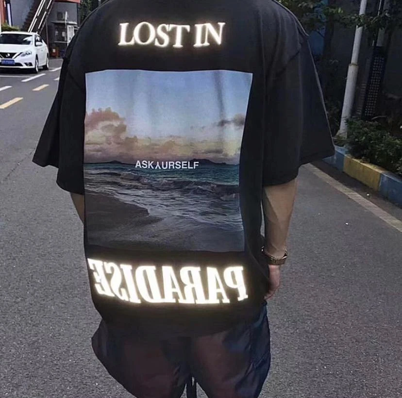 

Harajuku Letter Reflective Streetwear Tshirts Men and Women Sunset Painted Oversize T-shirt Short Sleeve Hip Hop Casual Tees