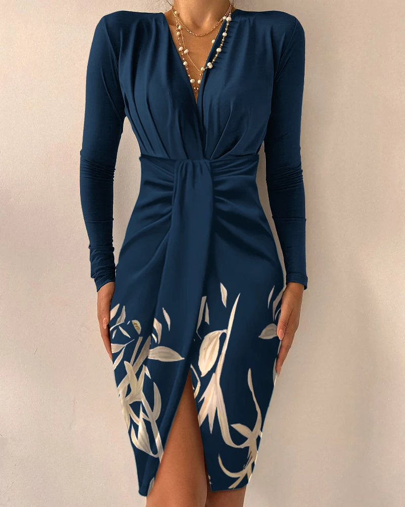 

Женское асимметричное платье с V-образным вырезом, длинным рукавом и разрезом