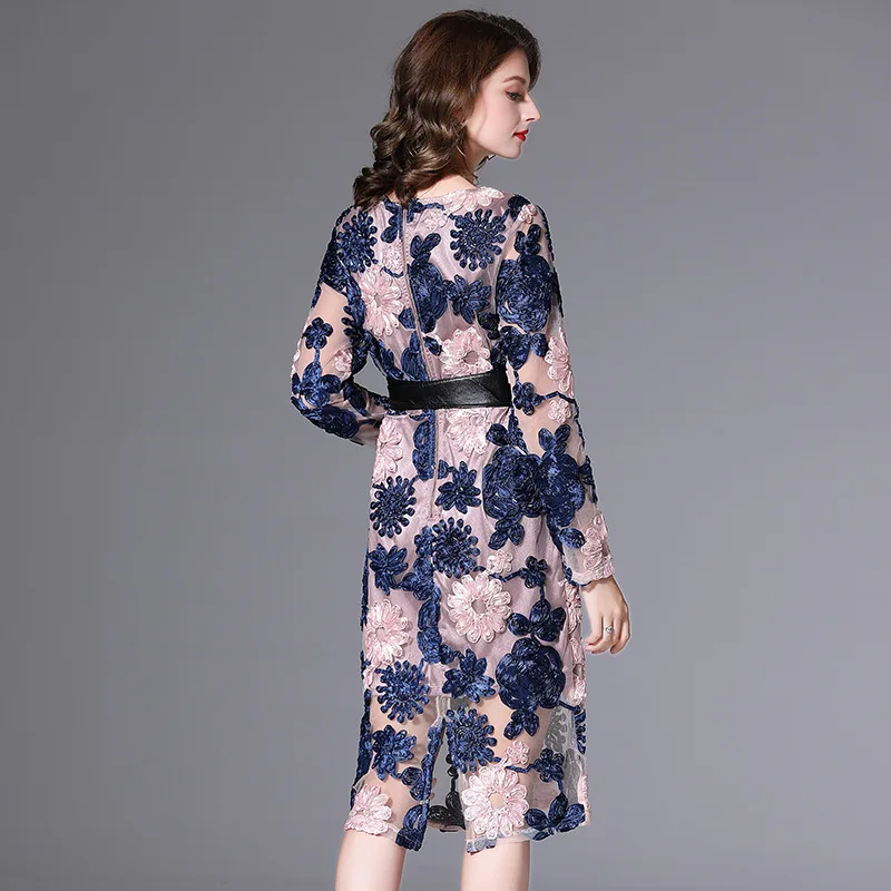 

2020 Autumn Fashion Embroidery Dress High Quality Party Woman Allover Color Block Embroidery Belted Long Sleeve Bodycon Dress