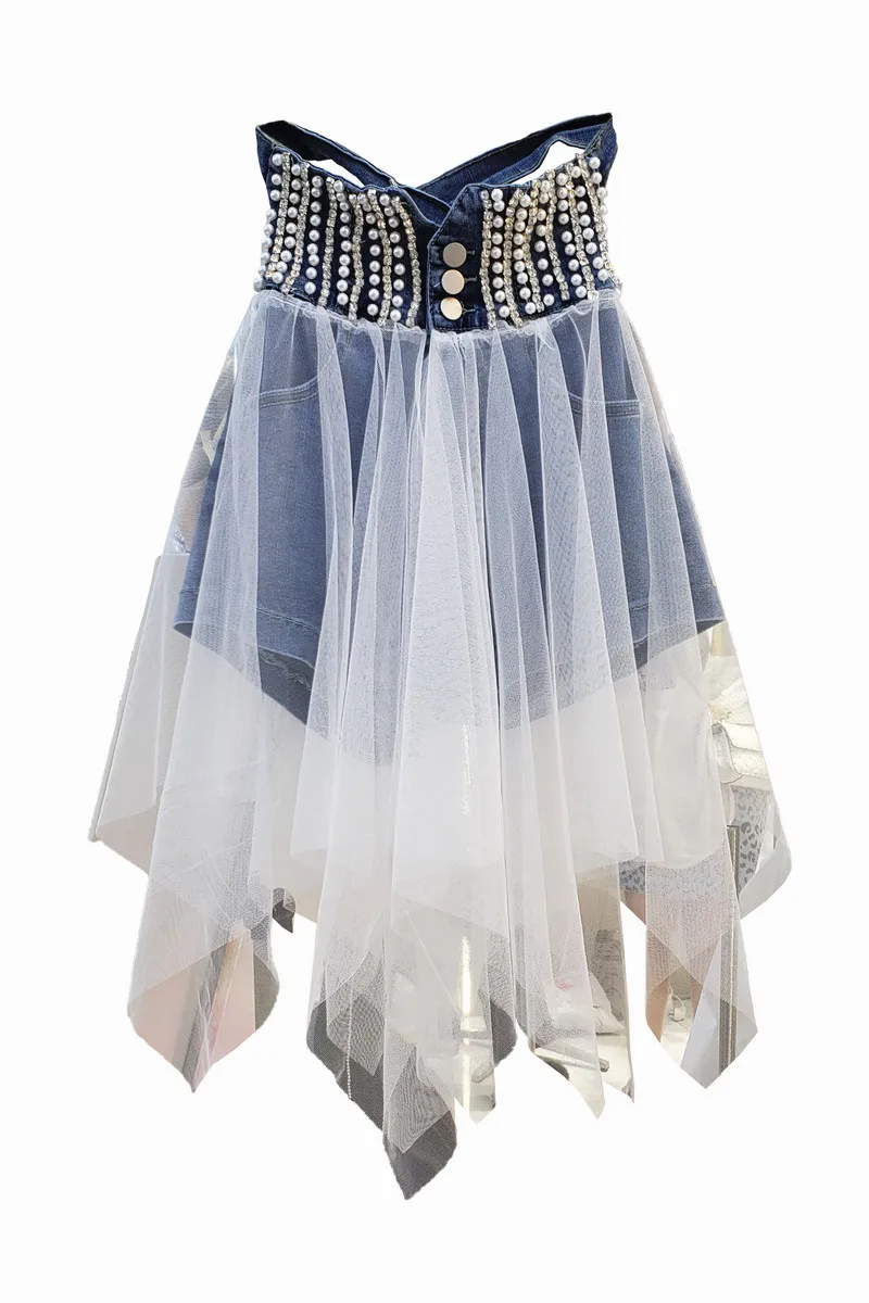 

Denim Skirt Shorts Female Summer New Beads High Waist Irregular Mesh Stitching Pants Fake Two Piece Wide Leg Short Jeans Fashion