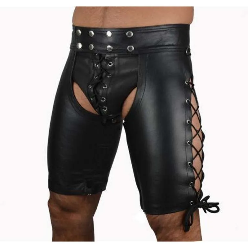 

Black Faux Leather Mooning Male Sexy Lingerie Catsuit Clubwear Men Hot Erotic Fetish Wear Bandage Pants XL XXL Plus Size