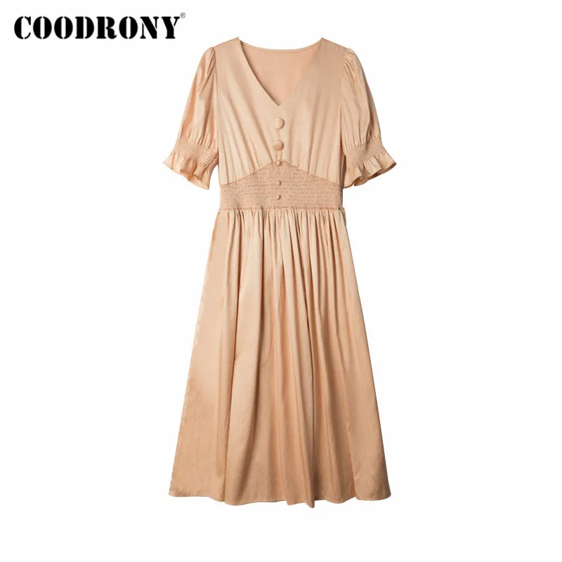 

COODRONY Brand Business Casual Summer Women's Vintage Clothing Streetwear Fashion Elegant Female Long Solid Color Dresses W7025