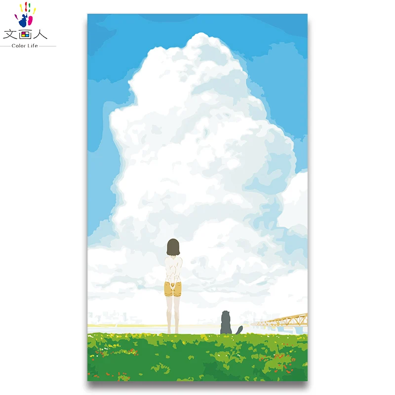 Она и ее Кот поднимая небо картина по номерам в стиле аниме Раскрашивание