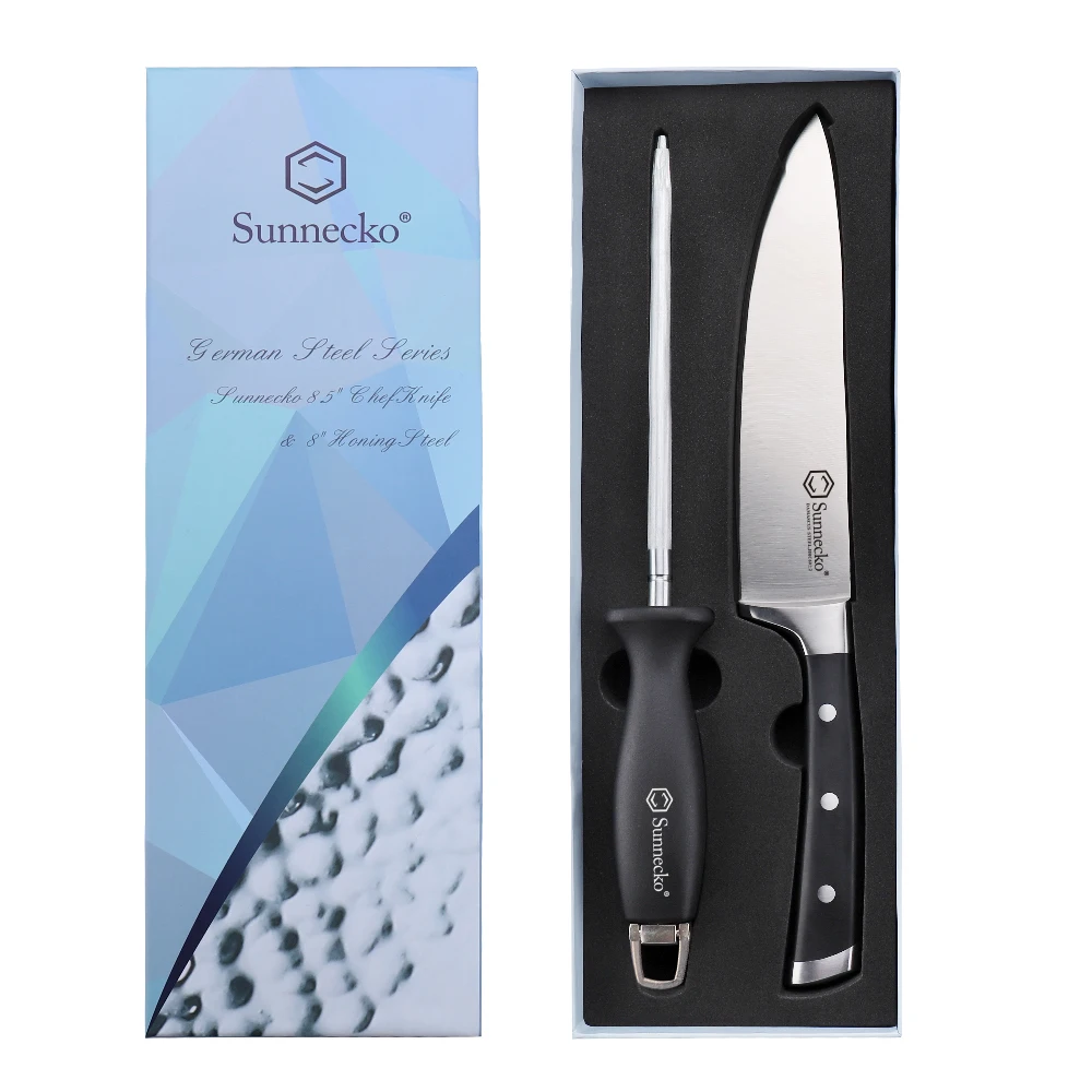 

8-дюймовый поварской нож SUNNECKO, немецкое острое лезвие из 1,4116 стали, ручка из черного АБС-пластика, точилка для ножей, набор кухонных ножей, ин...