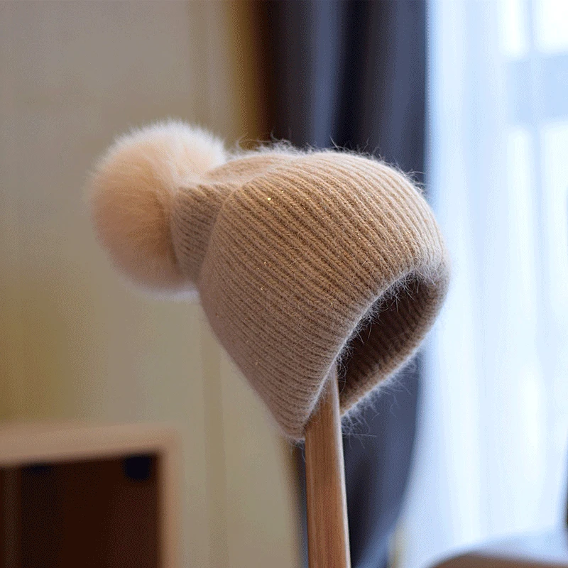 

Winter Beanie Hat for Women Winter Hat Knitted Angola Rabbit Fur Skullies Hat With Fox Fur Pom Warm Bonnet Cap Female Hats S2835