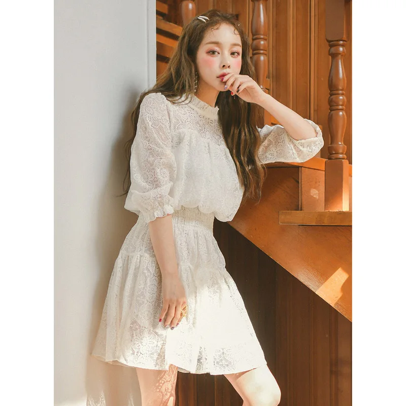

2020 Elegant Sweet Lace Dress Women Fashion Party Night Collect Waist Dresses Korean Style O-neck Half-sleeve Mini Dress
