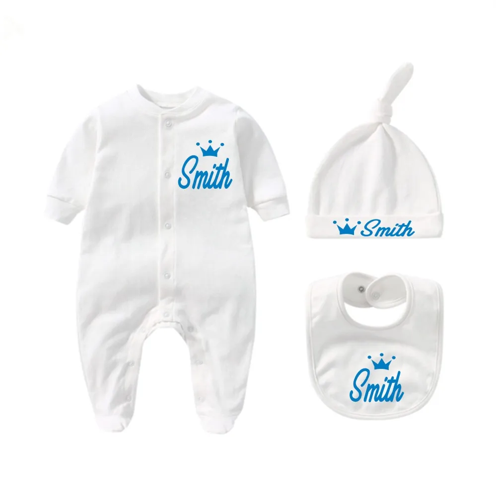 Conjunto de corona personalizada para recién nacido, conjunto de ropa con sombrero y babero, mono personalizado de una pieza para bebé, para Baby Shower y estar en casa