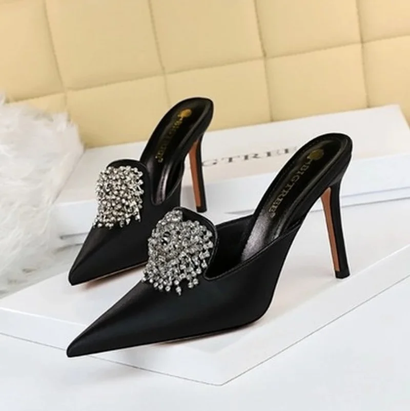 

2021 Luxury Women 10.5cm Hig Heels Slides Party Mules Female Gold Silver Heels Closed Toe Crystal Slippers Outsides Prom Shoes