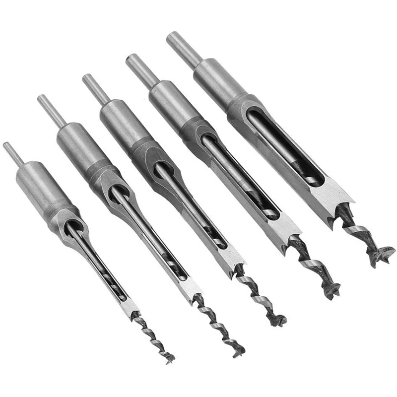 

5Pcs Square Hole Drill Bits Wood Mortising Chisel Set Woodworking Twist Drill Kits Mortising Hole Drills