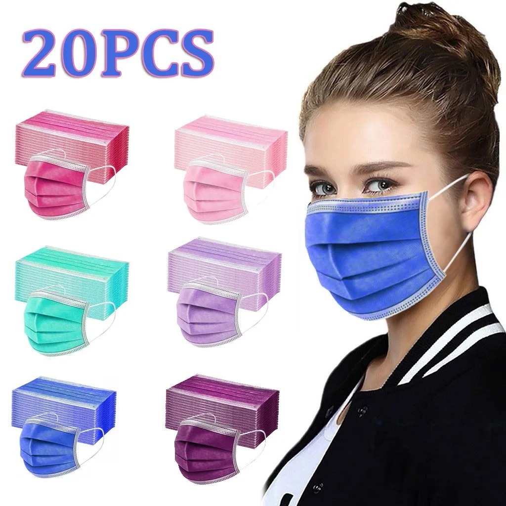 

20pc Mascarillas De Colores Women Man Solid Mask Disposable Face Mask 3ply Ear Loop Maske For Face Women Halloween Cosplay