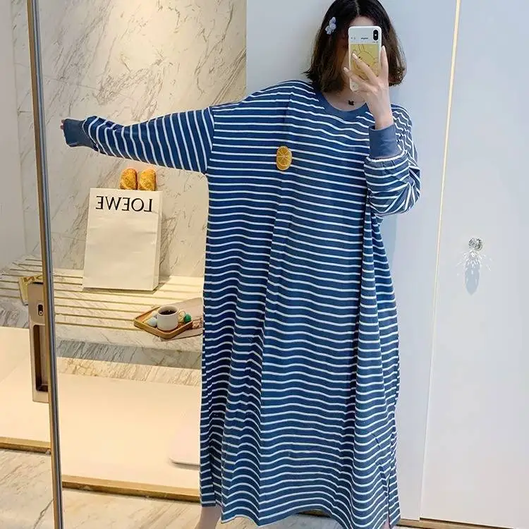 PLUS SIZE Women Long Nightdress Sleepwear Spring Autumn Long Nightgown Nightwear Loose Bathrobe Striped Home Dress 5XL