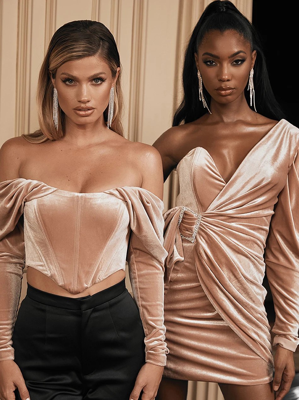 

2020 Fashion New Woman Velvet Bodycon Mini Dress Sexy One Shoulder V-Neck Puff Sleeve Belt Apricot Dress Nightclub Party Vestido