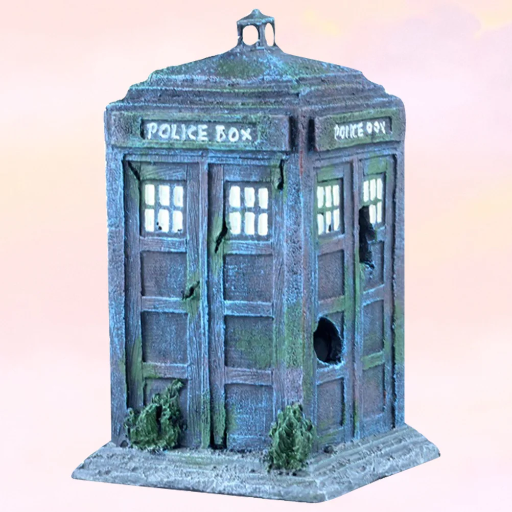 

1Pc Fish Tank Aquarium Decor Simulated Resin Shabby Decoration Police Box for Landscaping Sky-blue