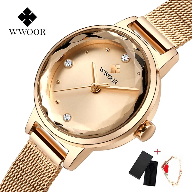 Rose Gold WWOOR, роскошные женские часы из розового золота, водонепроницаемые женские кварцевые часы из нержавеющей стали с сетчатым ремешком, повседневный браслет, Подарочная коробка - Цвет: Rose Gold
