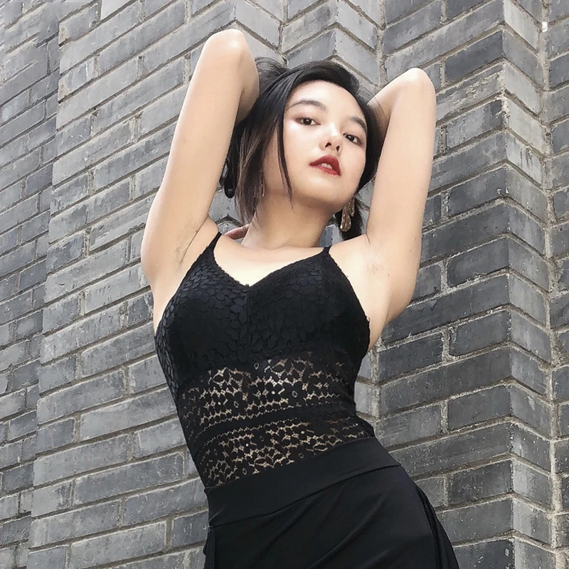 

New Latin Dance Clothes For Women Adult Black Lace Sling Vest Female Sexy Backless Tops Latin Underwear With Chest Pad DQL3793
