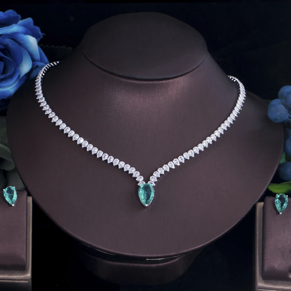 

ThreeGraces Designer Light Green Cubic Zirconia Choker Necklace Earrings Set for Women Wedding Dress Jewelry Accessories T0630