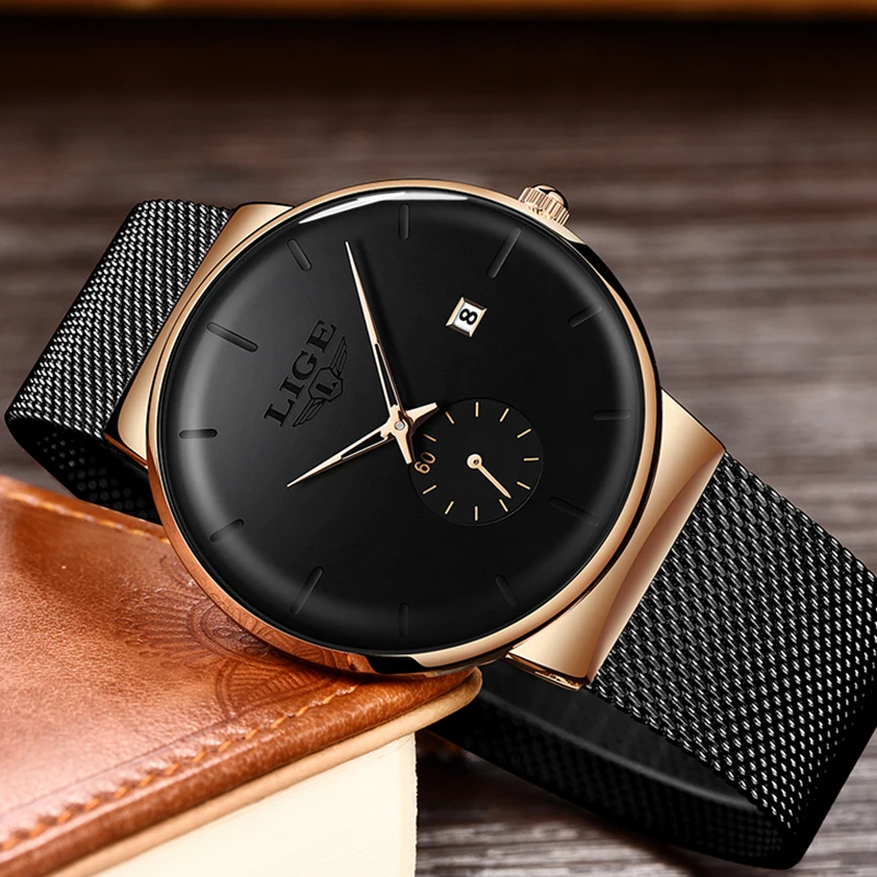 Часы наручные LIGE Мужские кварцевые модные повседневные водонепроницаемые