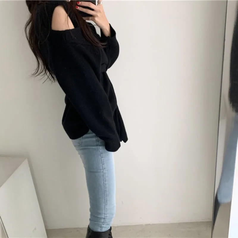 Neploe Pull Femme, длинный рукав, сексуальный пуловер без бретелек, свитер на шнуровке, вязаный джемпер, корейский стиль, Элегантные вязаные топы 56496