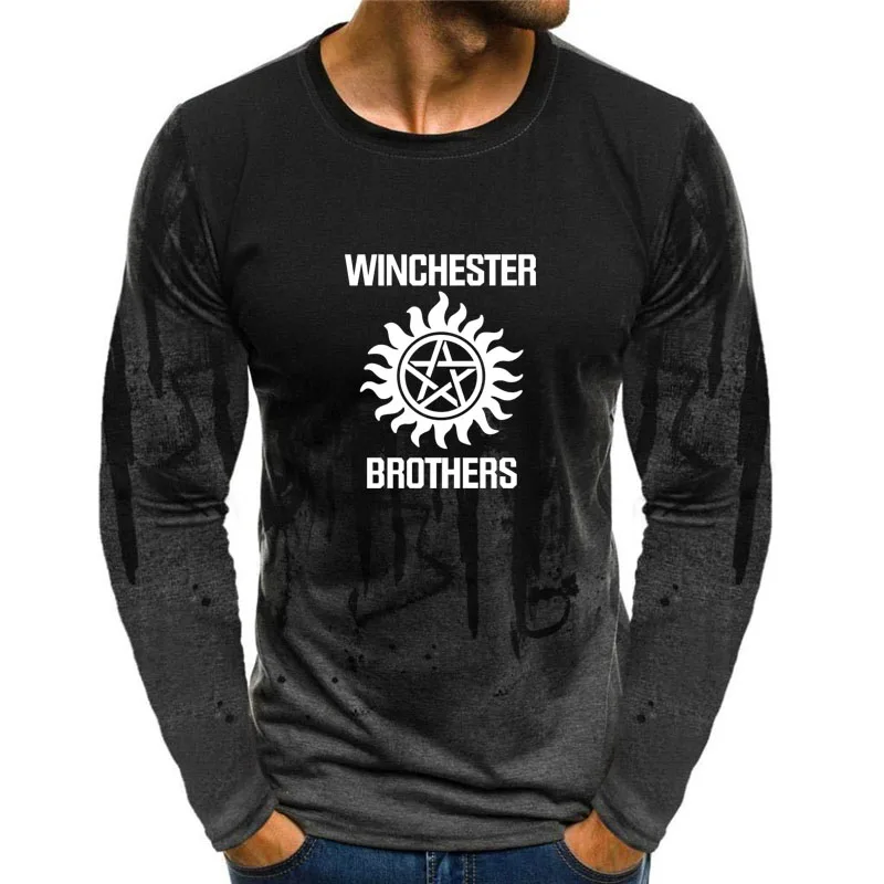 

Men's street t-shirt clothing Winchester logo print High-quality cotton casual Tee top Gradient contrast Long Sleeve T Shirt men