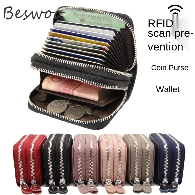 

New Wallets RFID Anti-scanning Leather Top Quality Card Holder Double Zipper Unisex Coin Purses Luxury Business Foldable Wallet