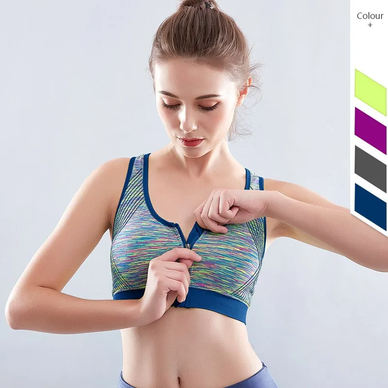 

High Quality Women Zipper Sports Bras Plus Size 2XL Wirefree Padded Push Up Tops Lady Girls Breathable Fitness Run Gym Yoga Vest
