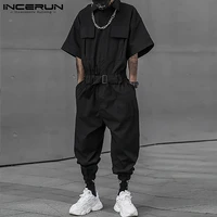 incerun fashion men cargo overalls solid color joggers streetwear lapel casual rompers multi pockets loose 2021 men jumpsuits