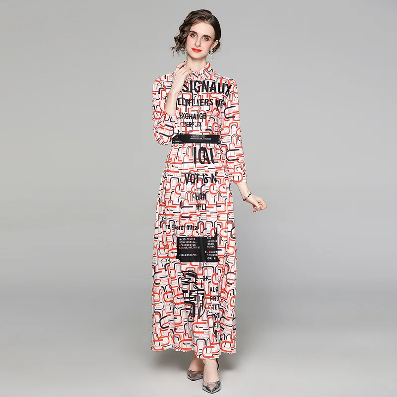 

Women's fashion all-match waist slimming high-end positioning geometric printing long-sleeved long dress