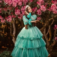 peacock blue multilayer tulle dress high neck long sleeve prom dress fluffy ball gown evening dresses fairy photoshoot dress