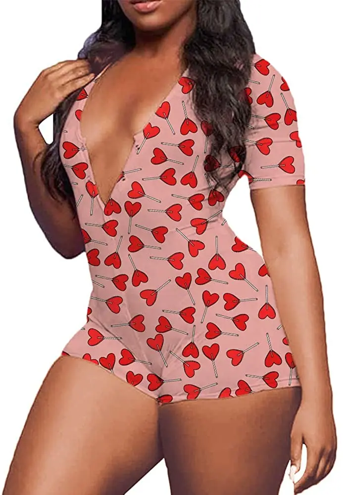 

Valentine's Day Sexy Women Romper Jumpsuit Sleepwear Home Wear V-neck Bodycon Button Long Sleeve Leotard Playsuit New