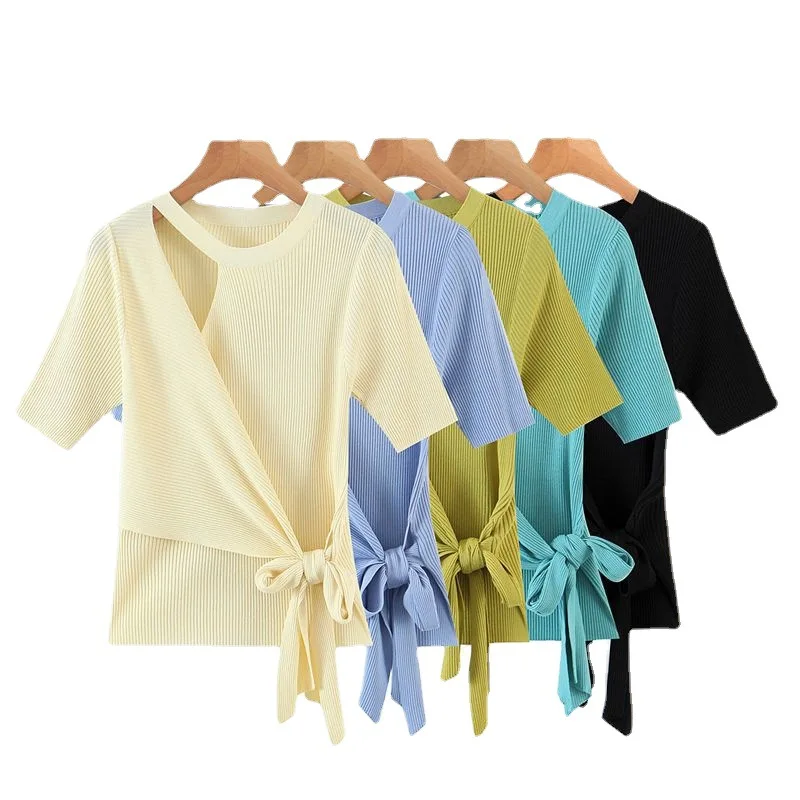 

Women Casual T Shirt Hollow Out O Neck Short Sleeve Temperament Commuter Strap Cross Korean Fashion Style Office Lady Summer Hot