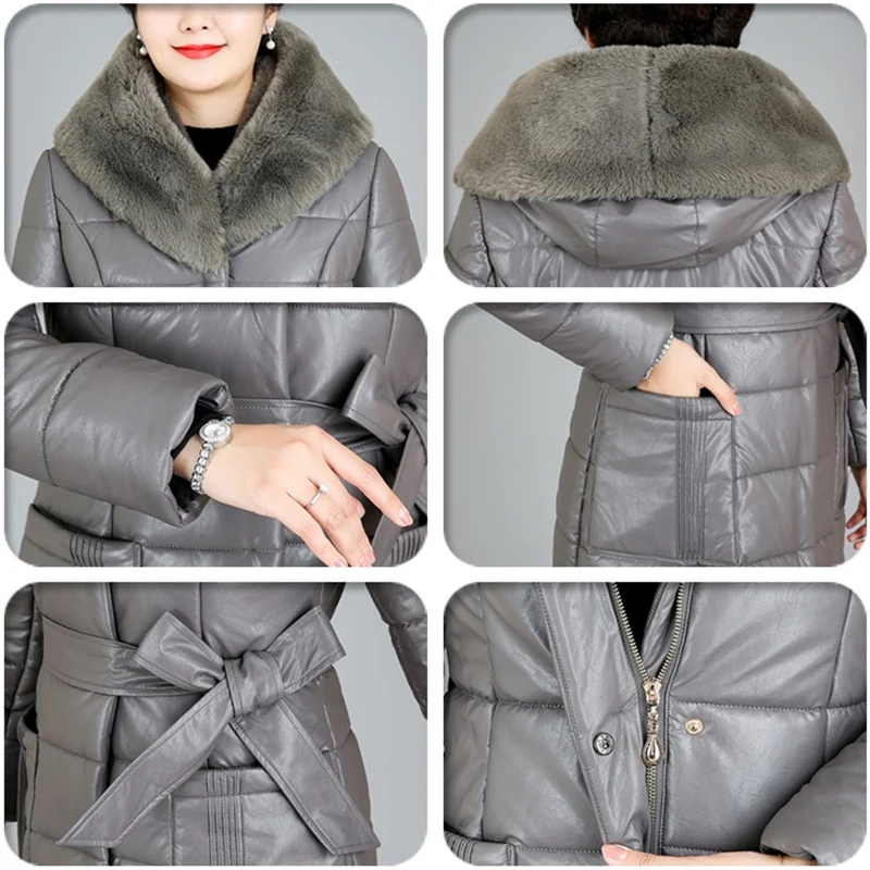 

2020 Women Fur Parka Winterl Leather Jacket Fur Collar Hooded High Quality Thick Warm Womens Winter Coat Female Leather Overcoat