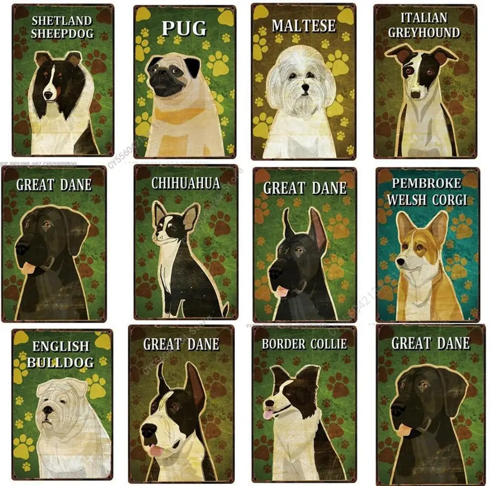 

Pug Metal Sign Tin Pets Dog Pit Bull Bull Dog Great Dane Boxer Poster Home Decor Bar Wall Art Painting 20*30 CM Size Pictures