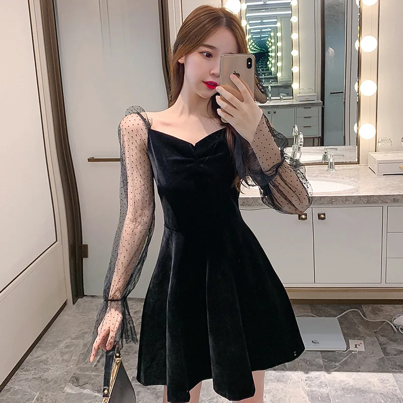 2019 осенние вечерние плиссированные платья с пышными рукавами сетчатые Лоскутные