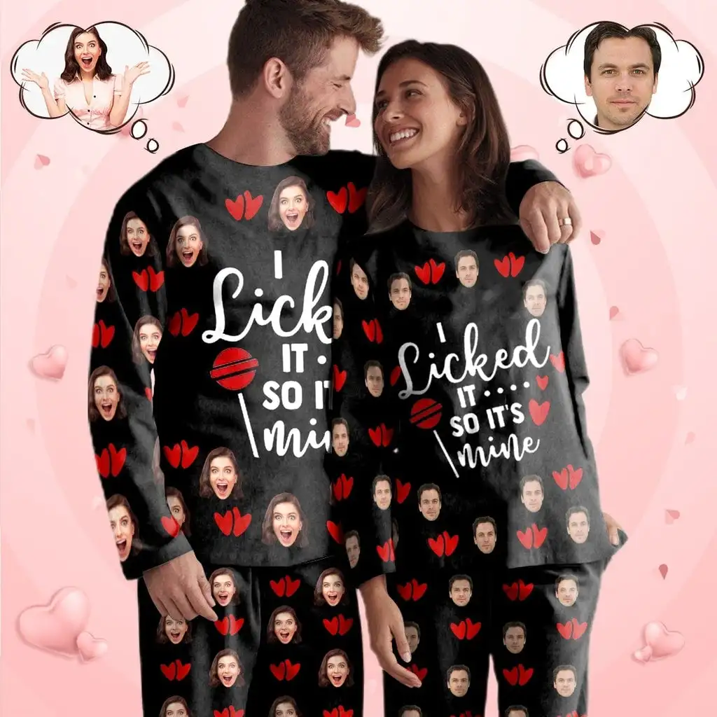 Custom Face I Licked Hearts Black Couple Matching Pajamas Set Suit Home Unique Design Personalized Indoor Soft Best Gifts