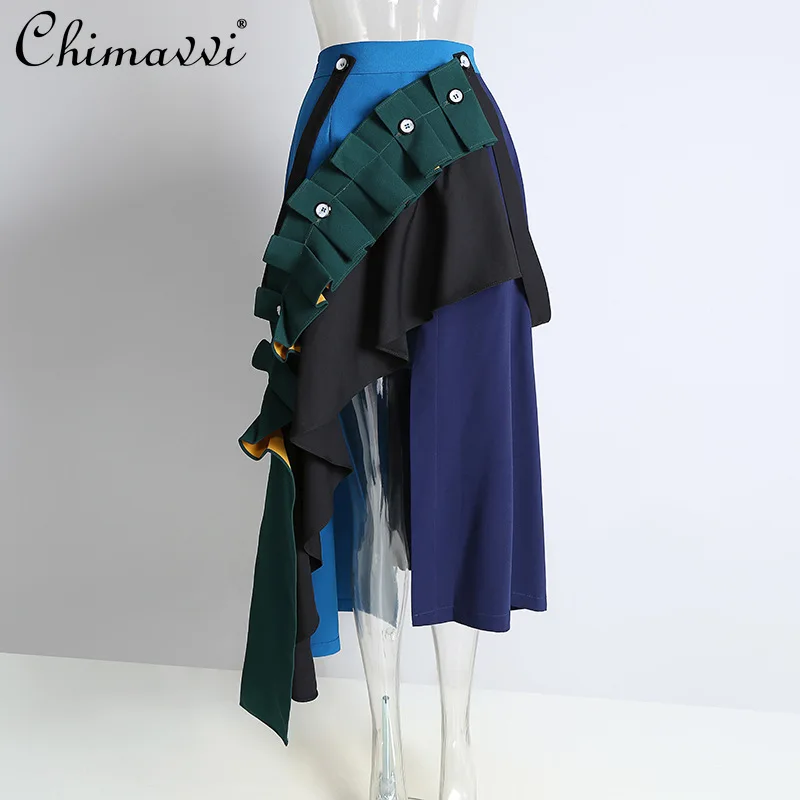 

Women's Evangelical Skirts 2021 Autumn Winter High Waist Irregular Long Skirt Female Pleated Patchwork Korean Fashion Skirt