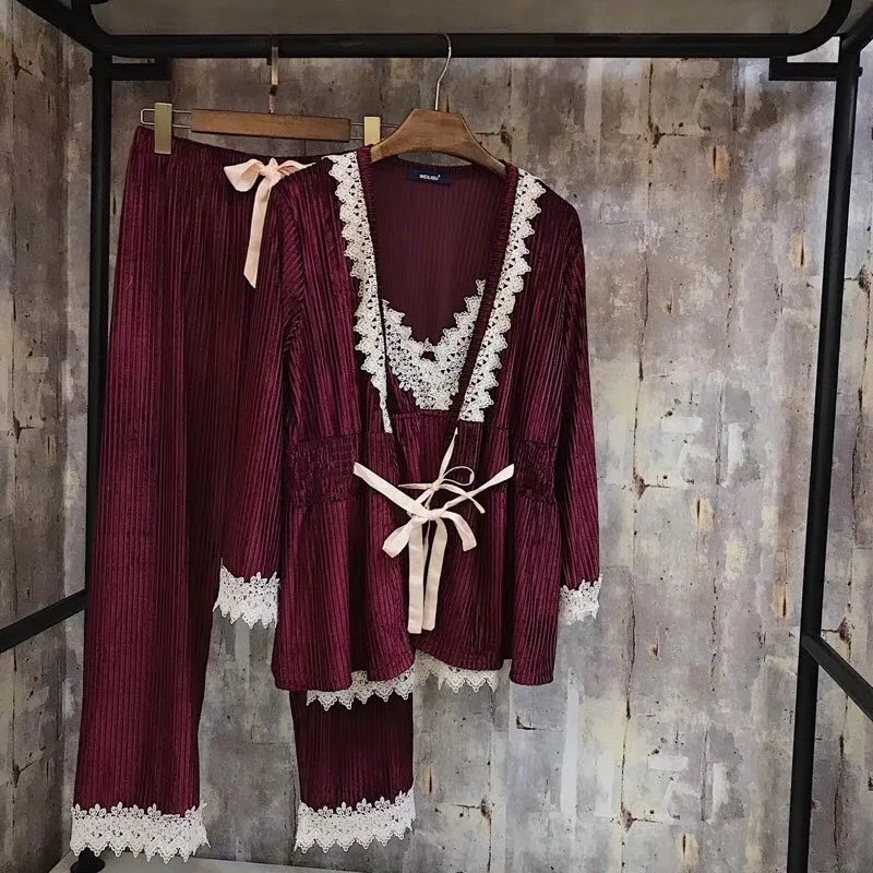 Женские пижамы, зимняя модная одежда для сна, Пижамный костюм со штанами, осенняя одежда для сна, костюм из 3 предметов, женские пижамы для женщин