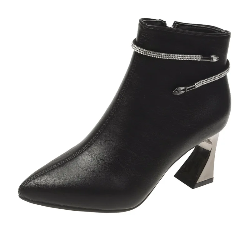 

Winter New High Heels Ankle Women Boots Black PU Leather Pointed Toe Zipper Female Boot Platform Women Shoes Crystal Boots