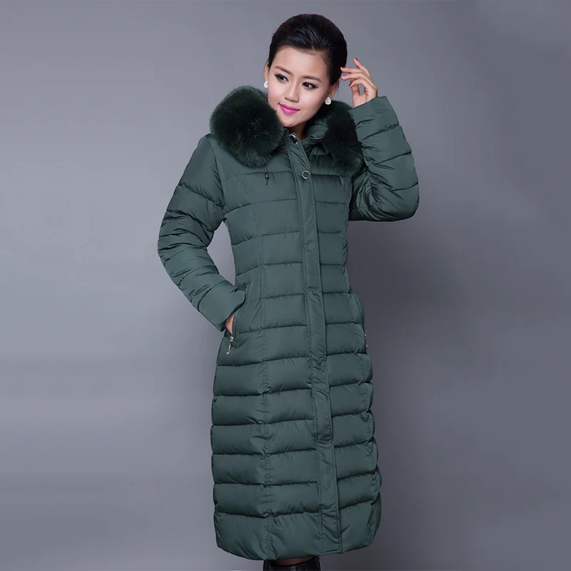 

x-long women winter puffer jacket office ladies solid parka 2021 hooded thick with fur collar slim cotton padded coat frau jacke