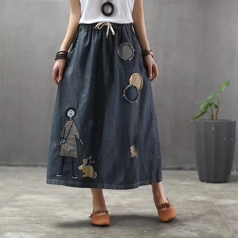 

Ethnic Style Retro Cartoon Spliced Denim Skirt Female Patch Elastic Waist Skirt Summer Big Size Vintage Casual Long Jeans Skirts