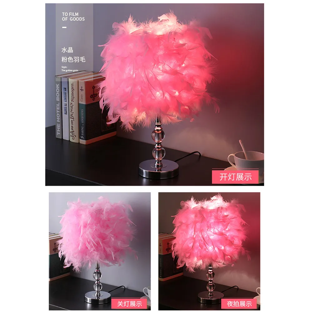 

Children'S Room Art Deco Crystal Feather Table Lamp Romantic Bedroom Decoration Pink Bedside Night Lights Baby Sleeping Lamps