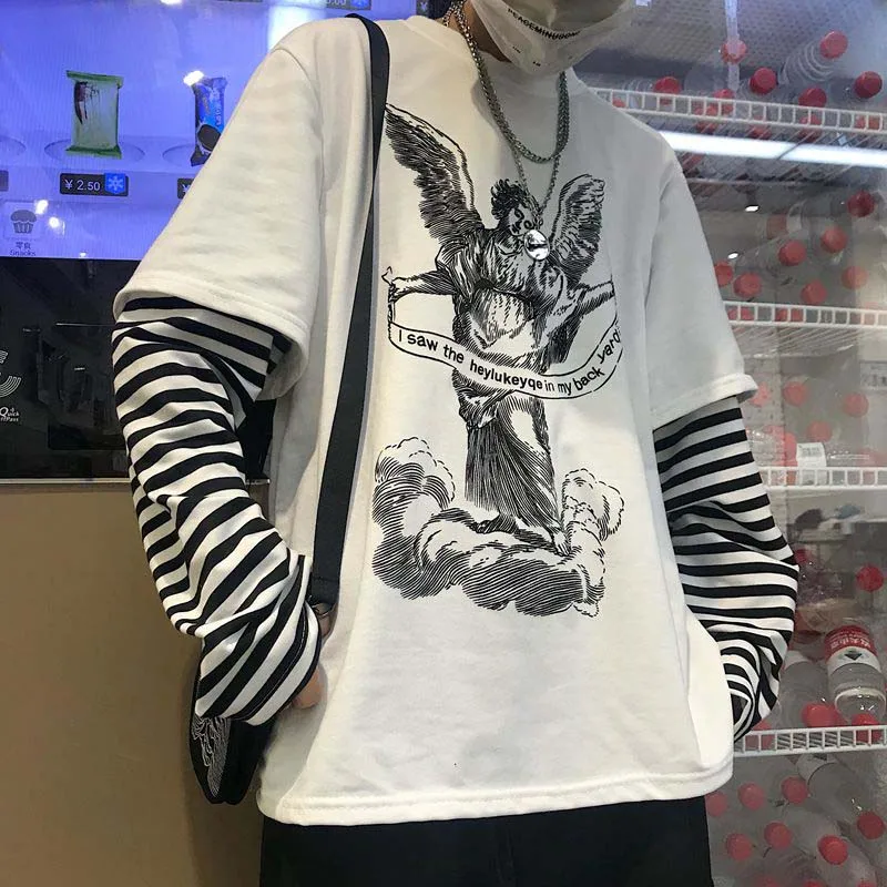 31685white NiceMix Harajuku футболка женская поддельная 2 шт. принт японский Fujiang Ужасы комиксы длинный рукав рубашка Женская Vetement Femme - Цвет: 31685white