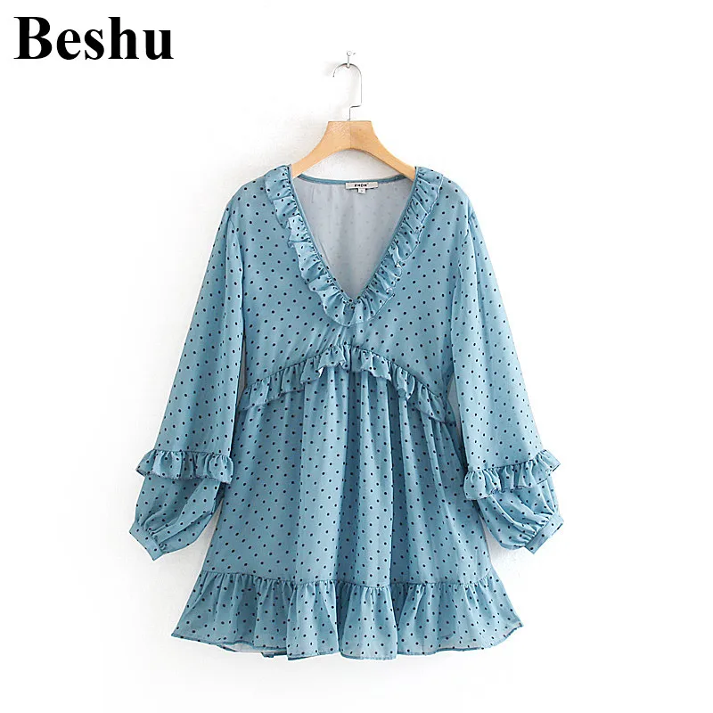 Женское плиссированное платье ZA небесно-голубое мини-платье в горошек с оборками