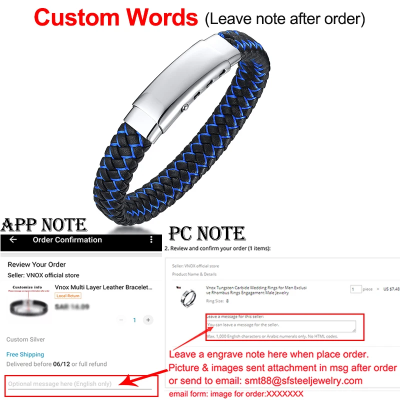 

Vnox Free Personalized ID Clasp Bracelets for Men,Stylish Braided Blue Leather Rope Bangle Jewelry,Custom Gift,Length Adjustable