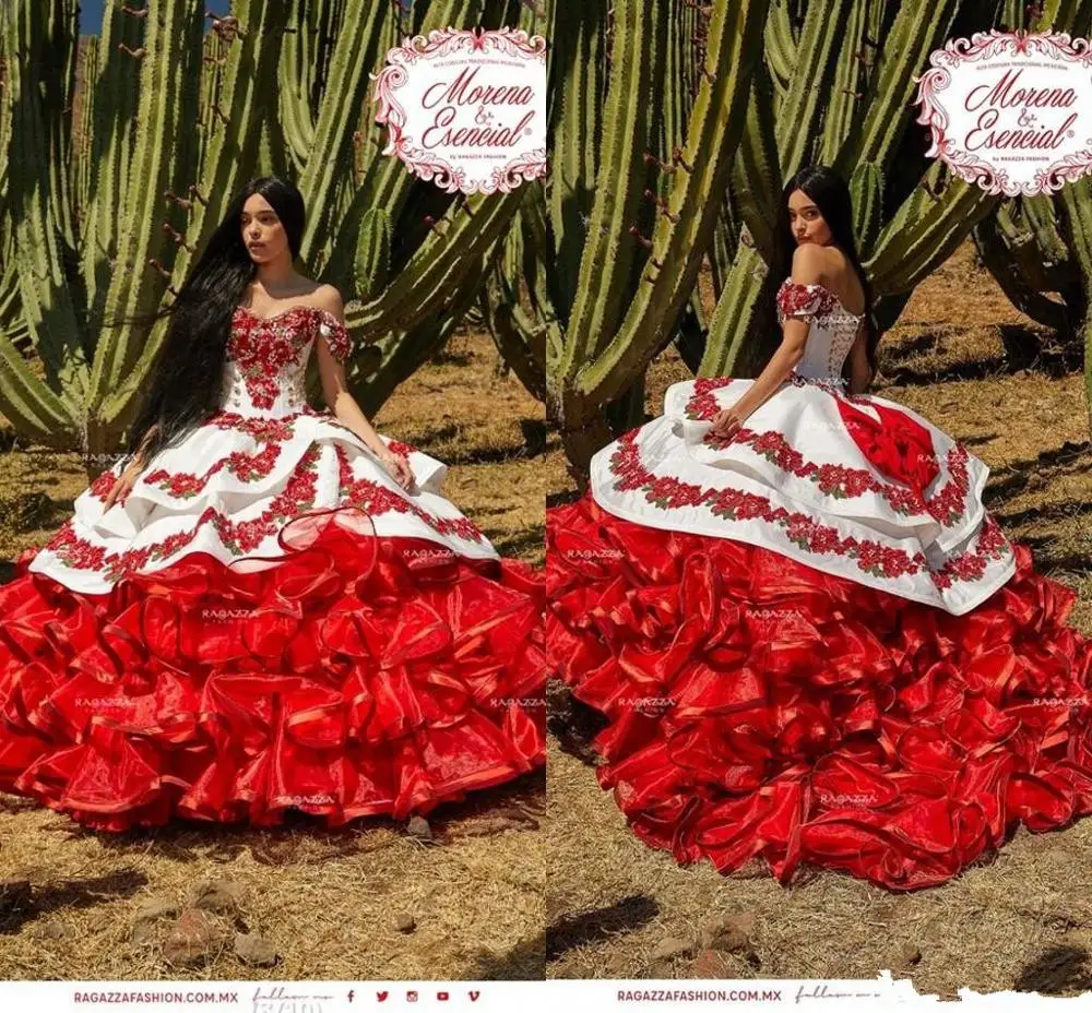 Цветочные платья Charro Quinceanera с оборками открытыми плечами Пышная юбка кружевная