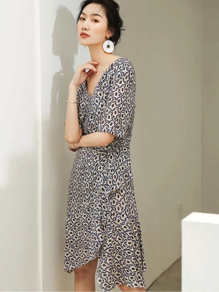 Платье женское асимметричное до колена с оборками и V образным вырезом|Женские